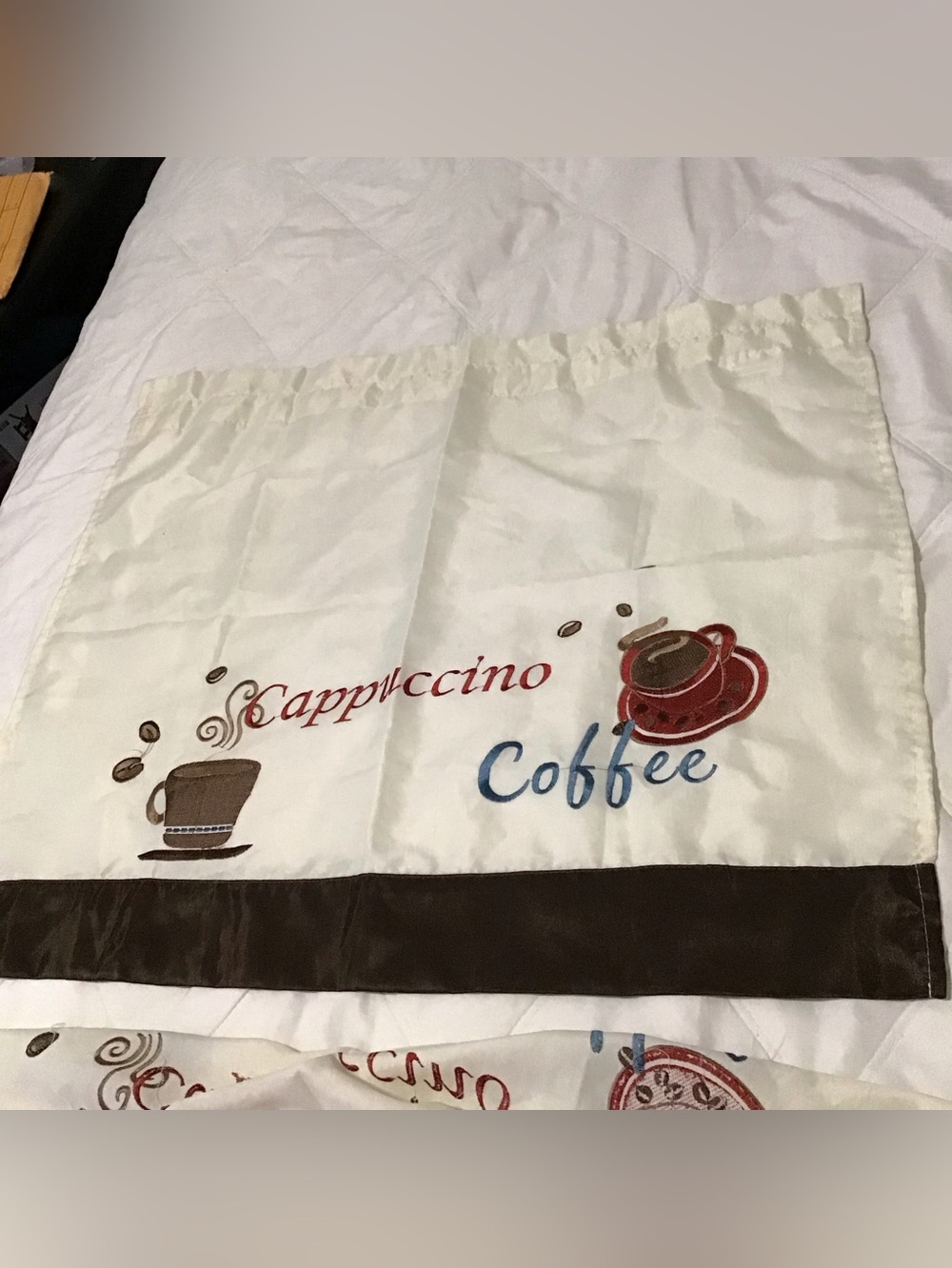 Cappuccino Coffee Kitchen Curtain Panel in White, Brown and Red two panels